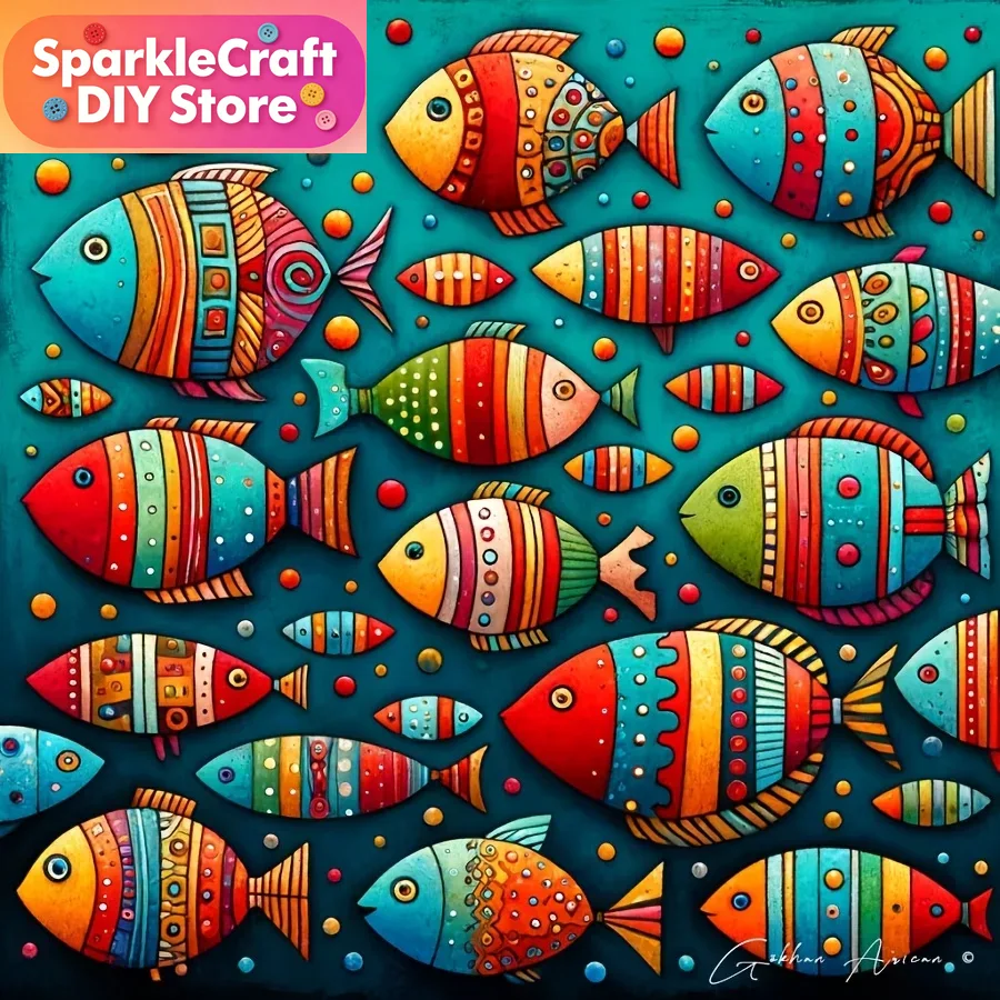 Resin Art Work - Colorful Whimsical Fish School 5D Diamond